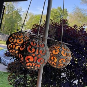 Vtg MCM Tension Pole Lamp Cream Metal 3 Metal Cage Globe Lights READ DESCRIPTION